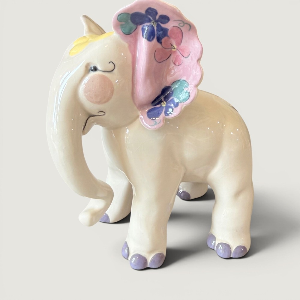 Vtg 60s Kay Finch Elephant Figurine Hand Painted Floral California Ceramic